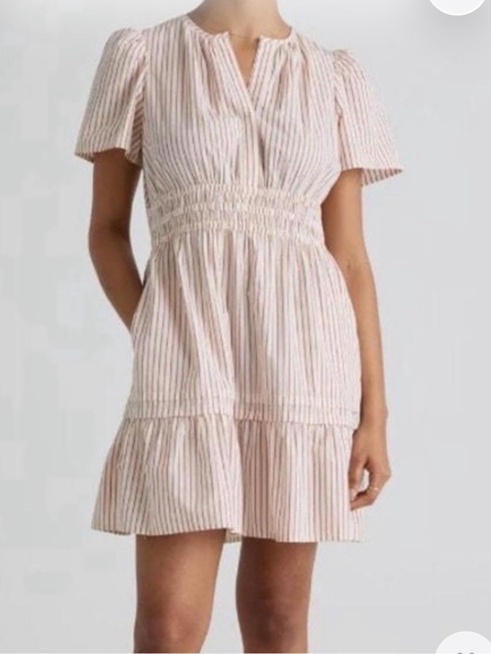 Quince Organic Cotton Cream Mini Dress with Terracotta Stripes Poplin Tiered